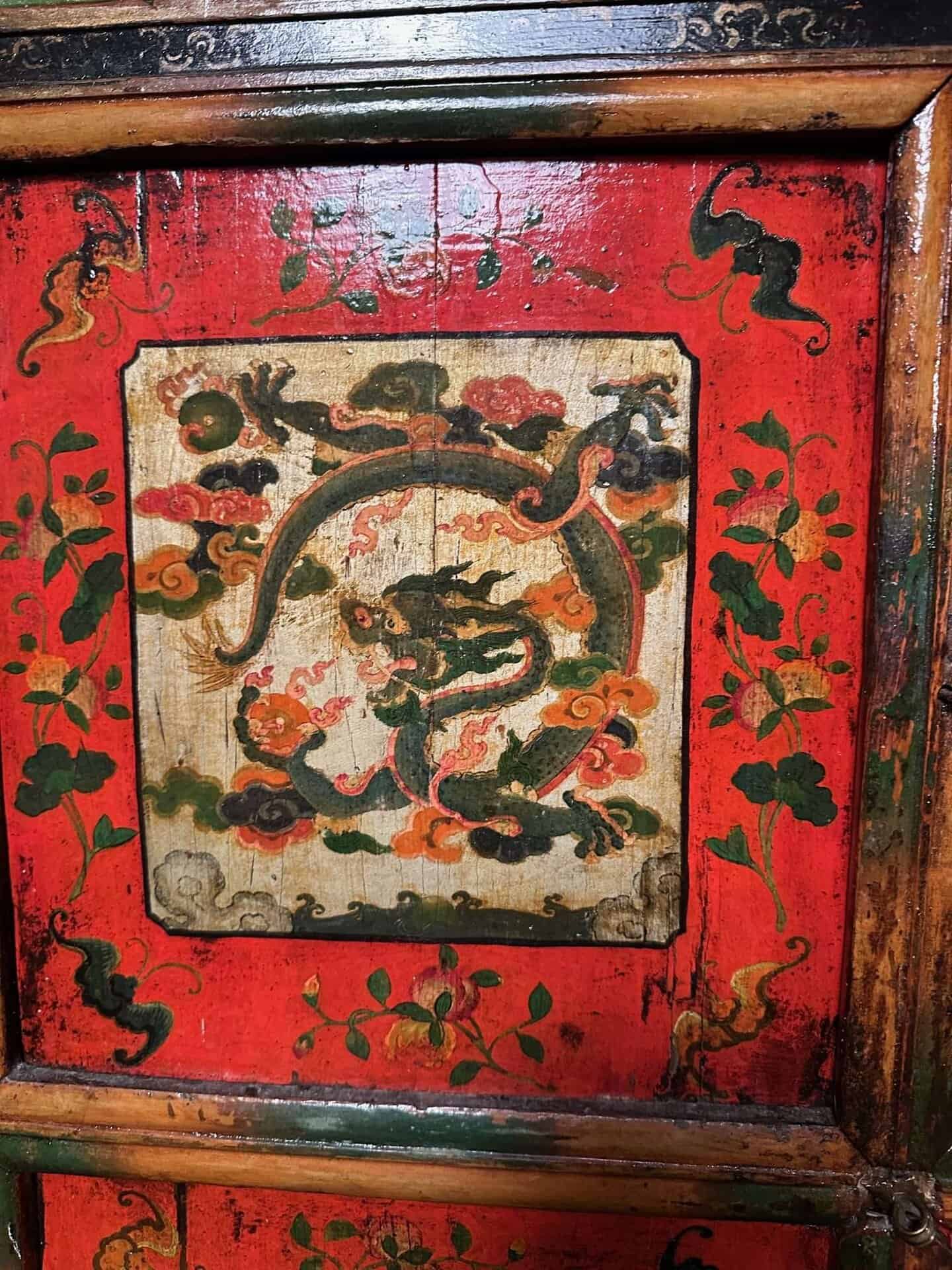 Antique Tibetan Painted Cabinet Auspicious Panels - Image 4