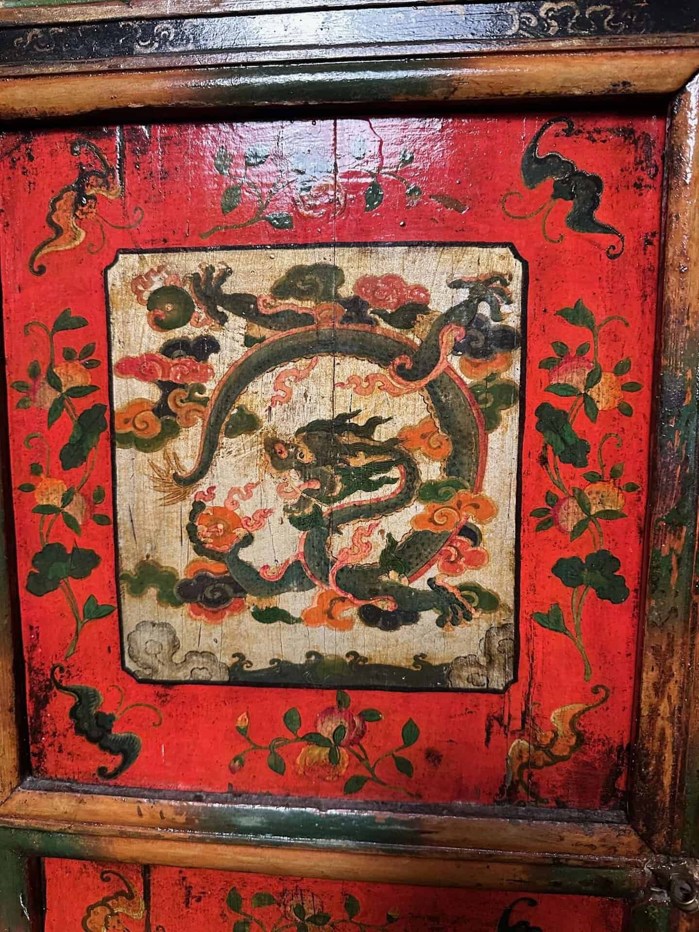 Antique Tibetan Painted Cabinet Auspicious Panels - Image 5