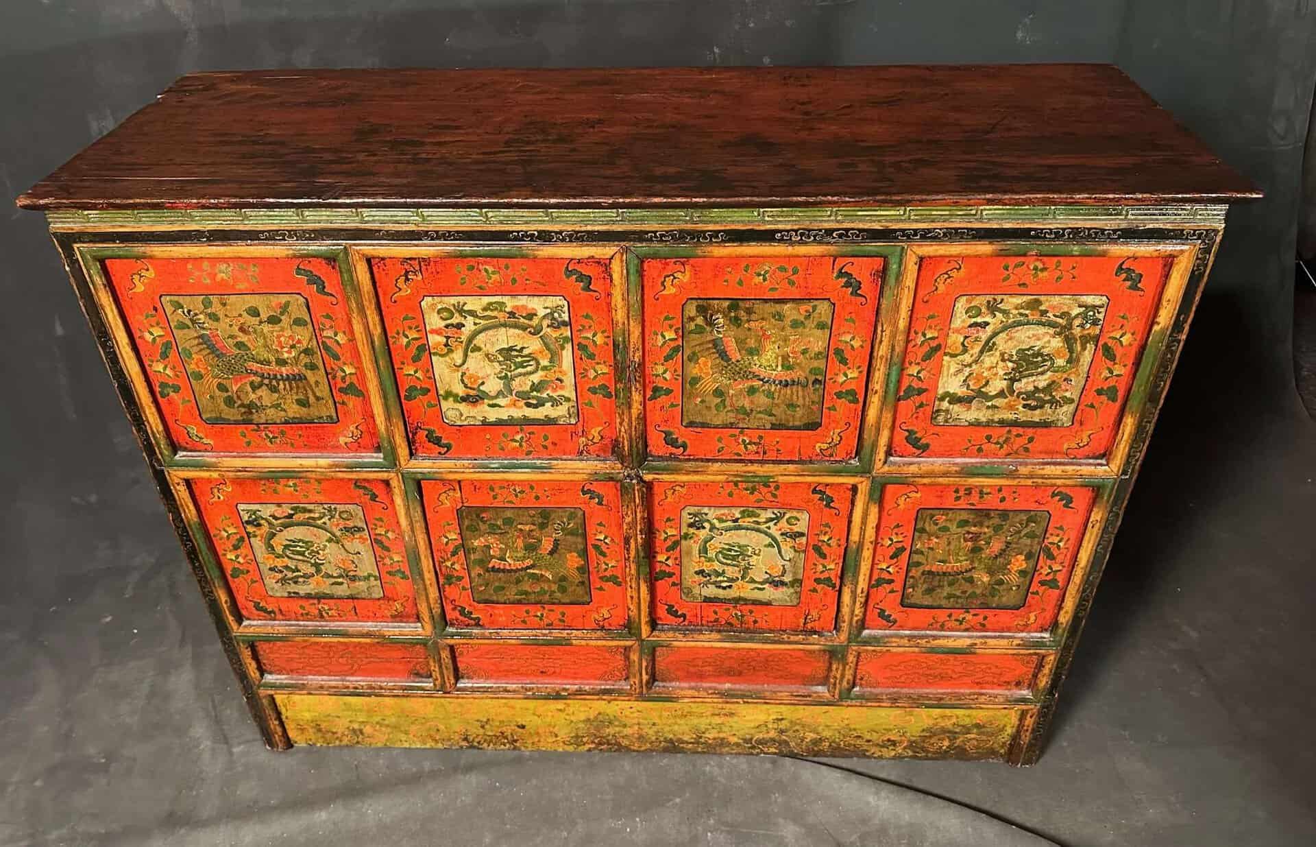 Antique Tibetan Painted Cabinet Auspicious Panels - Image 6