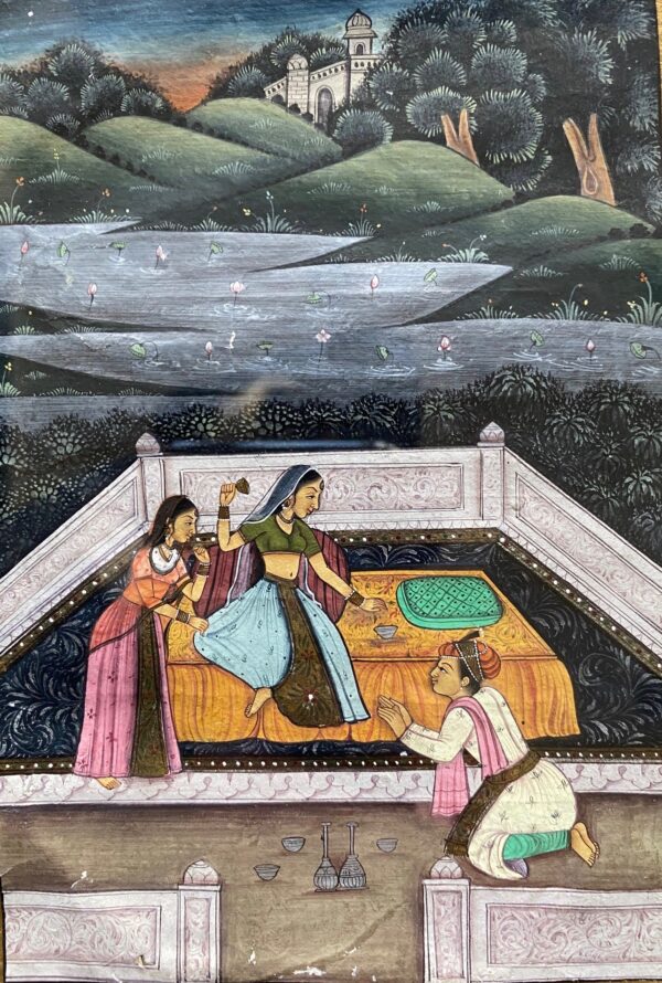 Antique Indian Miniature Painting of Ladies by Lotus Pond - Image 2