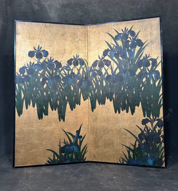 antique Japanese 2-panel screen painting of Irises from the Rimpa school in the style of Ogata Korin