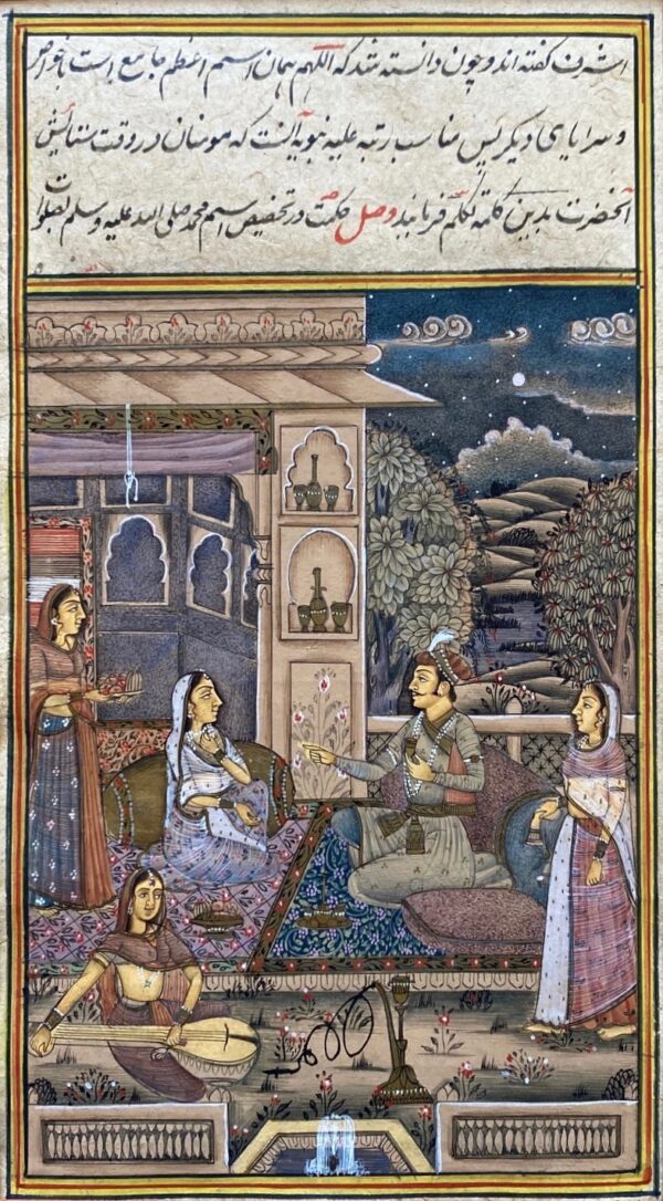 Indian antique miniature painting of figures in courtyard at night