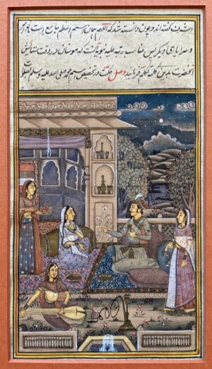 Indian antique miniature painting of figures in courtyard at night