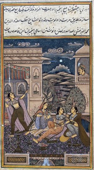 Indian antique miniature painting of ladies in a courtyard at night.