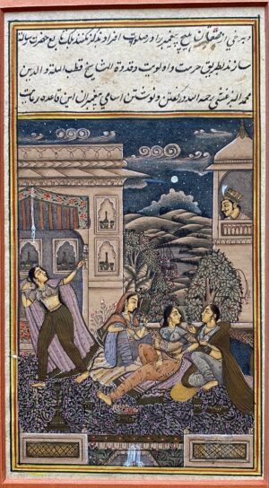 Indian antique miniature painting of ladies in a courtyard at night.