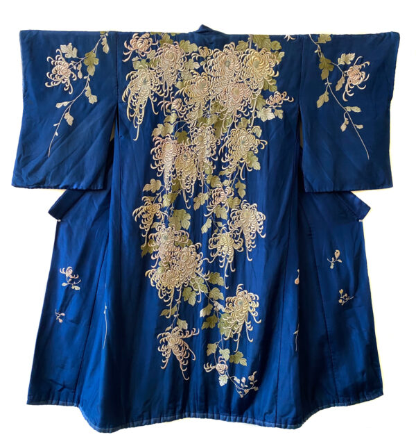 Japanese antique blue chirimen silk kimono with embroidered chrysanthemums