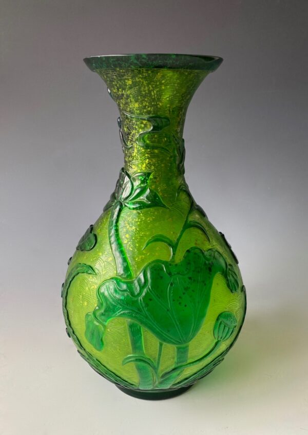 Chinese antique green Peking glass vase with fish and lotus leaves