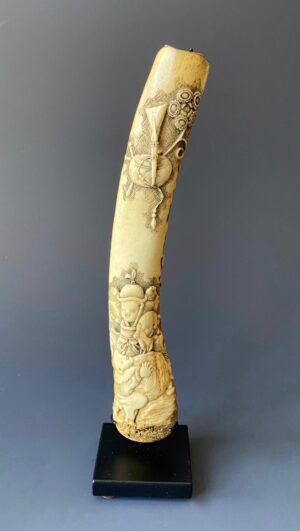 Japanese antique antler pipe case with children and musical instruments