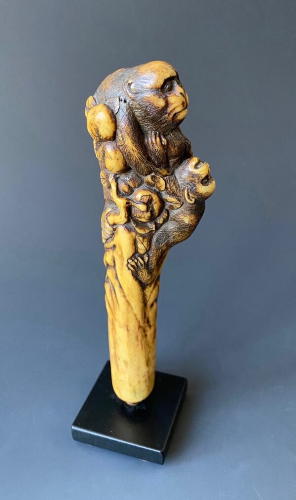 Japanese antique bone pipe case cover carved with monkeys in persimmon tree, Meiji period