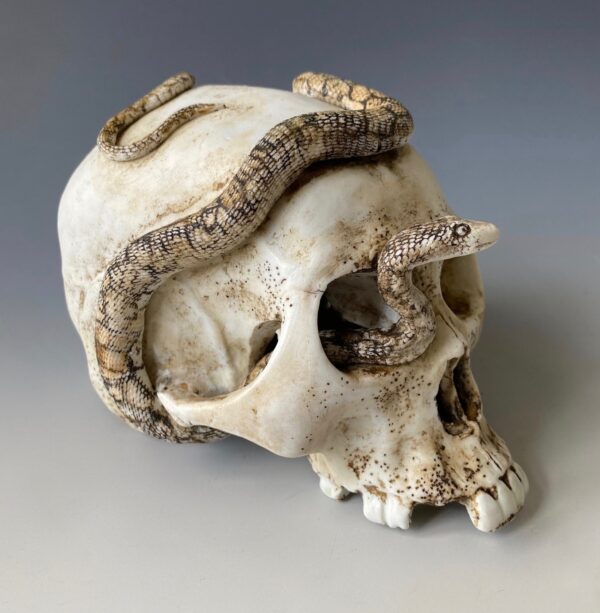 Japanese antique porcelain okimono of a skull and snake