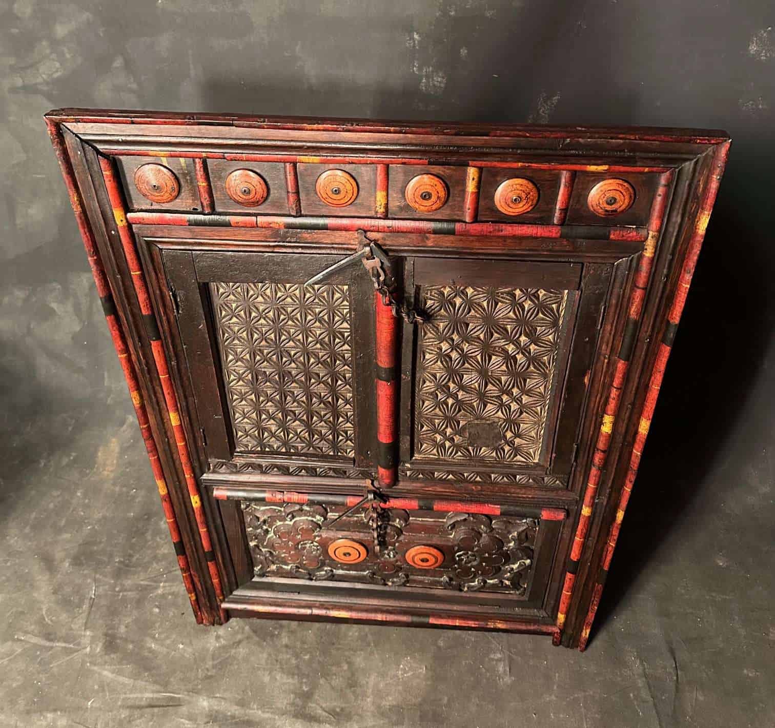 Antique North Indian Polychrome Carved Wood Chest - Image 3