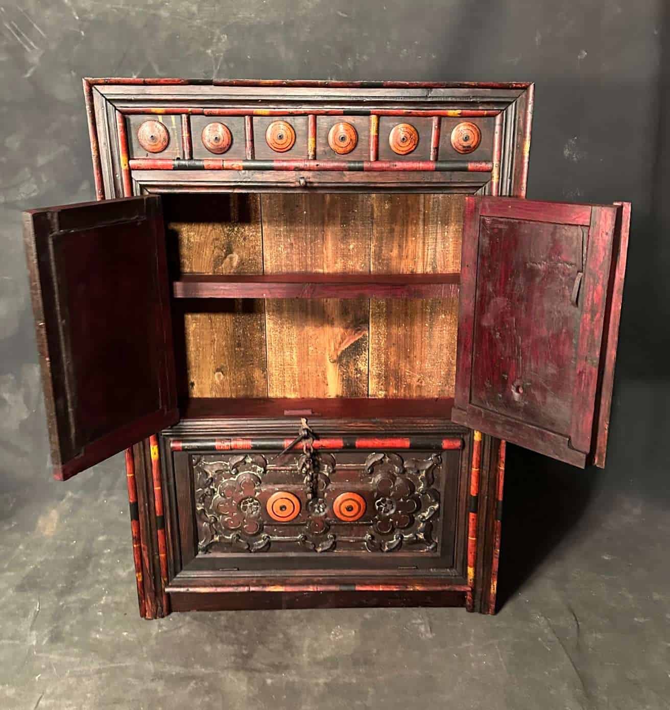 Antique North Indian Polychrome Carved Wood Chest - Image 2