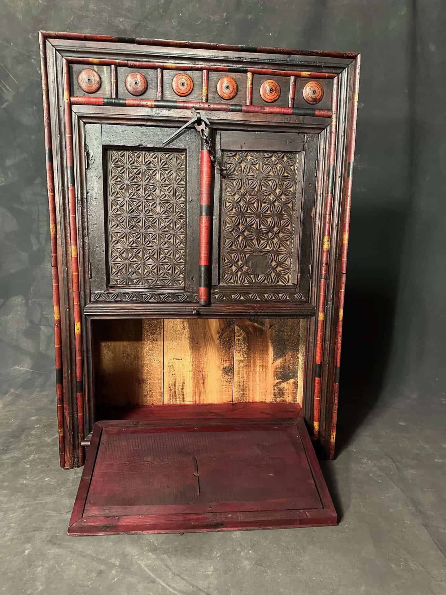 Antique North Indian Polychrome Carved Wood Chest - Image 4
