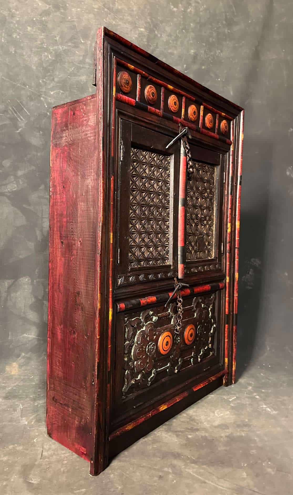 Antique North Indian Polychrome Carved Wood Chest - Image 5