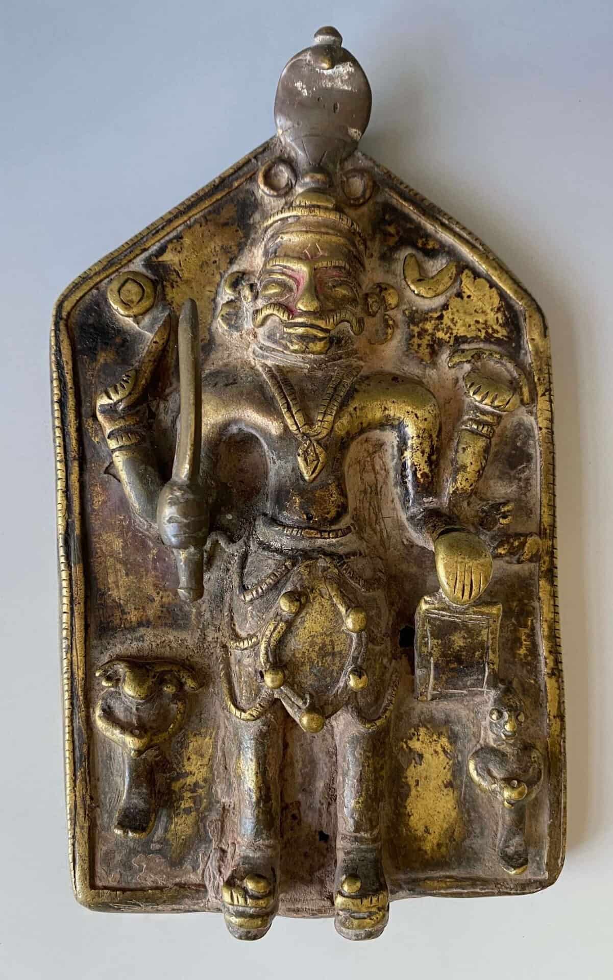 Indian bronze votive plaque of Virabhadra standing with sword, bow, shield and mace