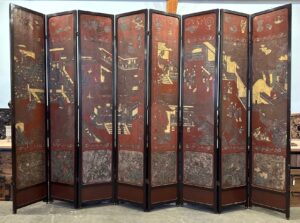 Chinese antique 8-panel coromandel screen with pines and animals