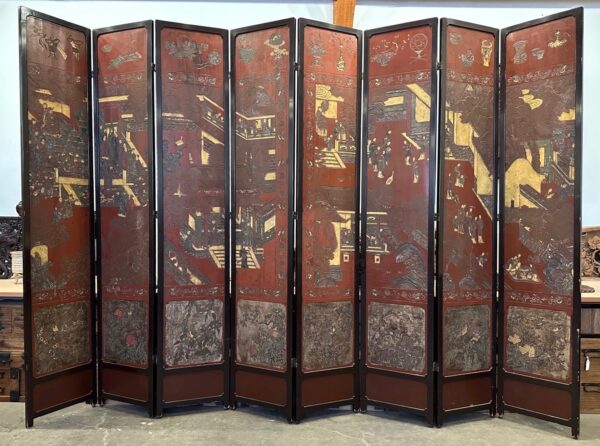 Chinese antique 8-panel coromandel screen with pines and animals