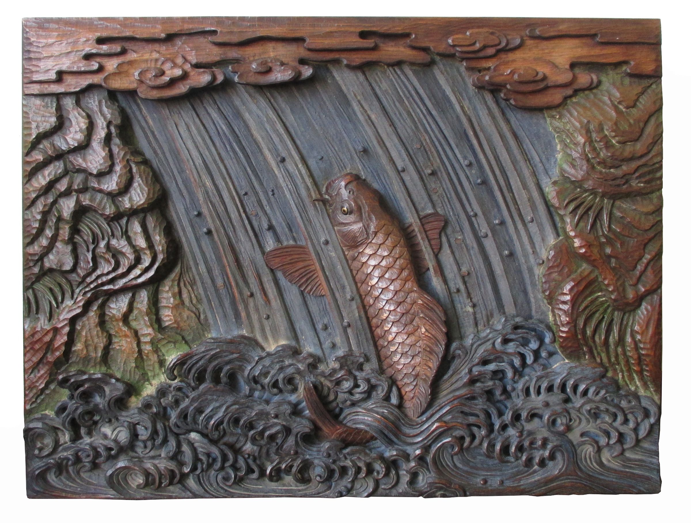 Japanese Antique Large Carved Wood Panel of a Fish and Waterfall - Zentner  Collection