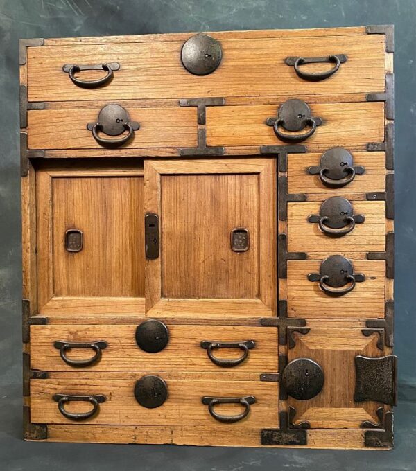 Japanese antique choba tansu (merchant's chest) with round locks and many drawers