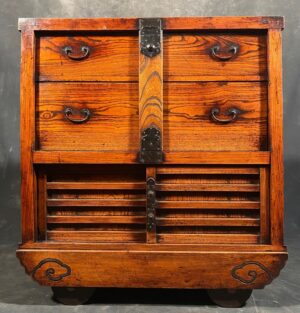 An antique Japanese Kuruma Bo Tansu (wheeled chest with locking bar)