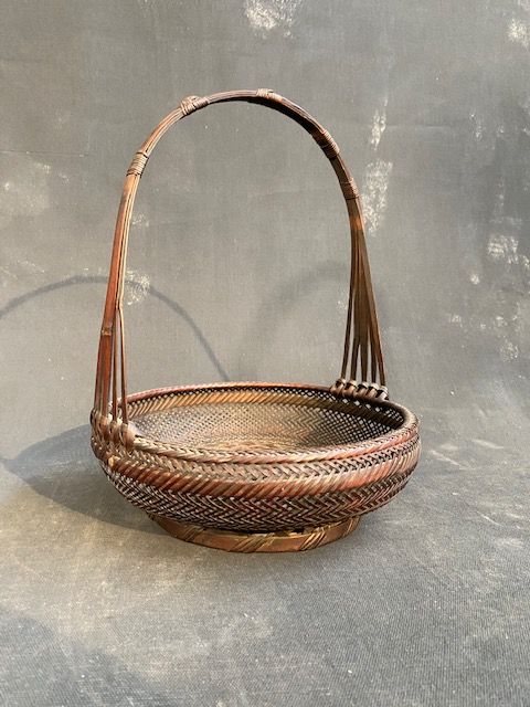 Antique Japanese Ikebana Basket Open Flat Cicada Weave Meiji