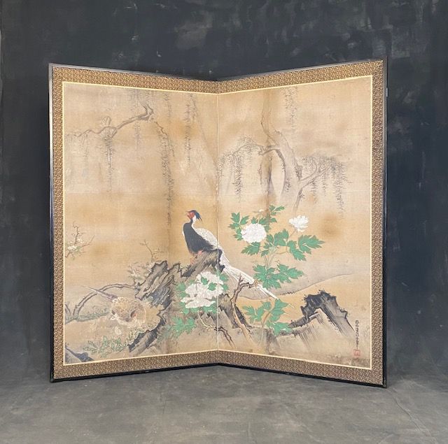 Vintage Art Deco Japanese Watercolor Painting of Two Pheasant Birds