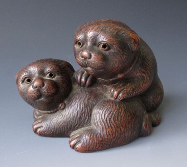 Antique Japanese Bizen ware ceramic puppies