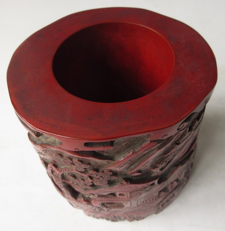 Chinese Cinnabar Carved Resin Brush Pot 