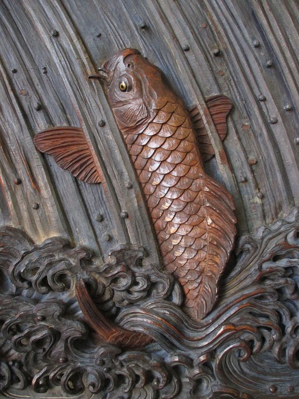 Japanese Antique Large Carved Wood Panel of a Fish and Waterfall