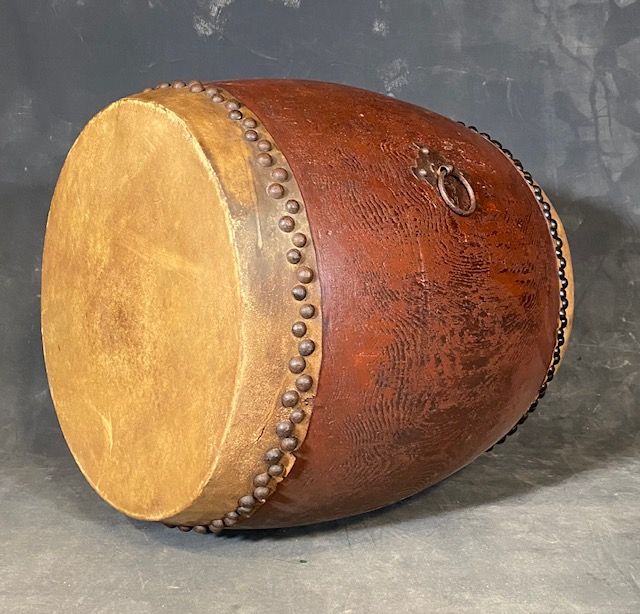 Large Antique Japanese Taiko Drum Hardwood Lacquer Taisho Period