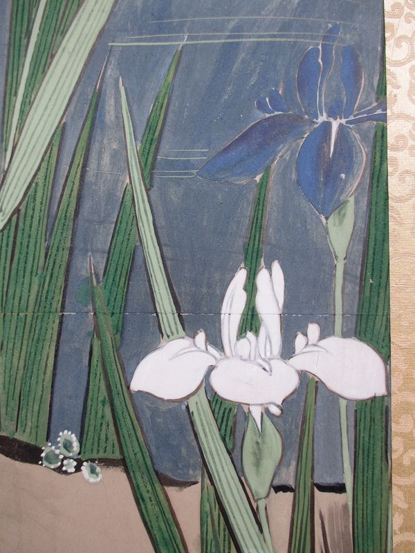Japanese Antique 2-panel Screen Painting of Bird and Irises - Zentner ...