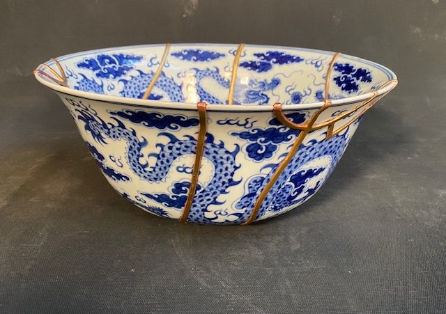 Chinese Blue & White Dragon Bowl with Kintsugi - Zentner Collection