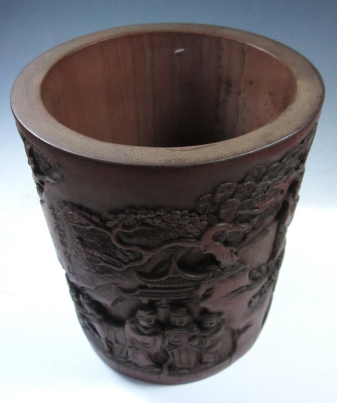 Antique Chinese Carved Bamboo Brush Pot with Cranes, Signed - Zentner  Collection